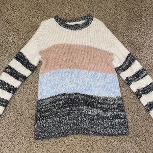 cream and grey medium sweater with blue and peach